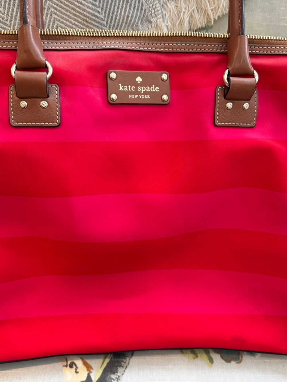 kate spade Red & Pink Striped laptop bag with Brown Trim